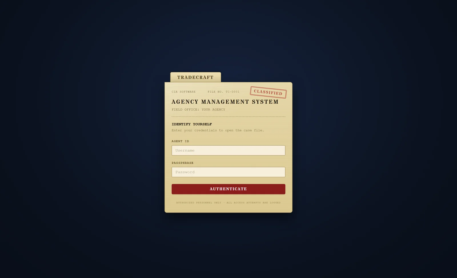 Tradecraft classified case-file login screen